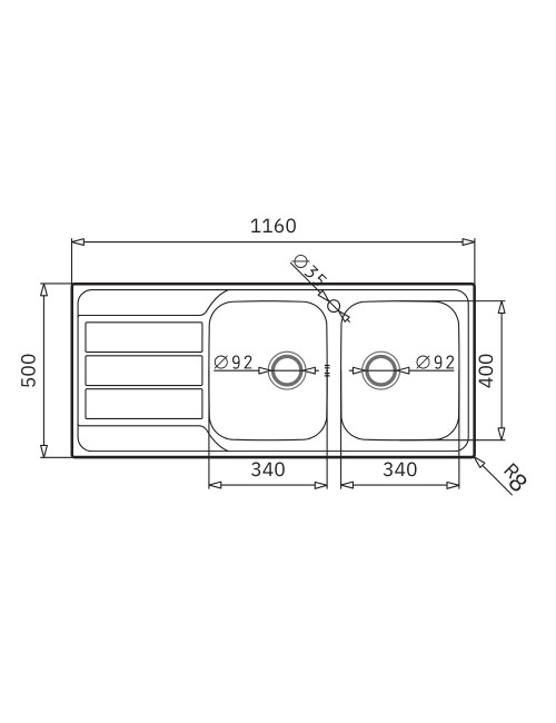 Lavello da incasso Tirreno116 in acciaio inox 2 vasche e gocciolatoio sinistro 116x50x18H