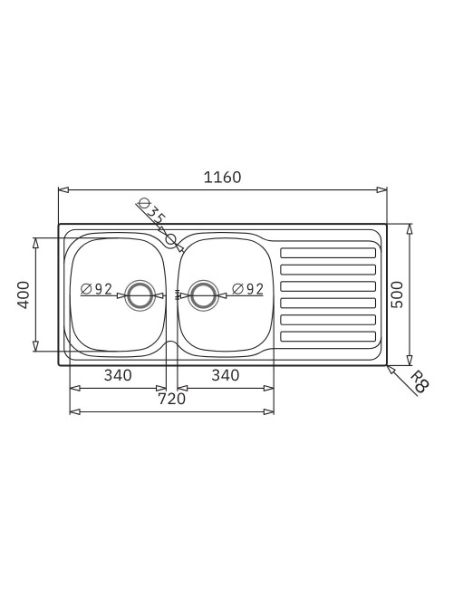 Lavello da incasso Adriatico116 monostampo 2 vasche e gocciolatoio destro inox