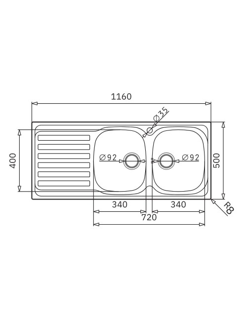 Lavello da incasso Adriatico116 monostampo 2 vasche e gocciolatoio sinistro inox