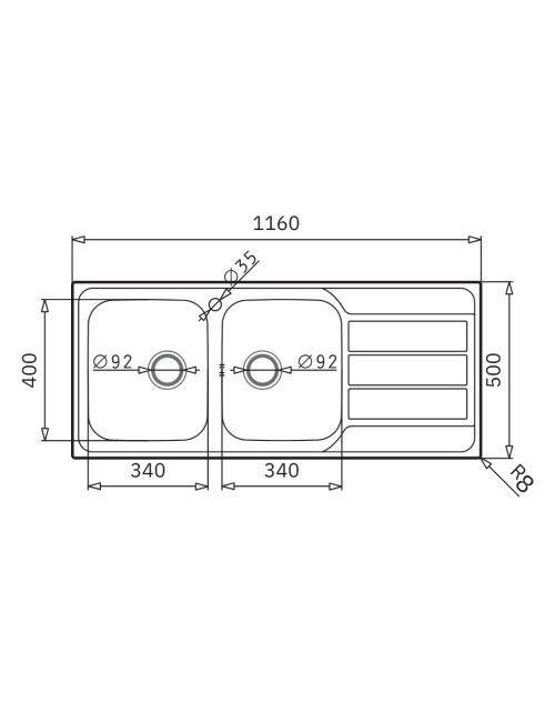 Lavello da incasso Tirreno116 in acciaio inox 2 vasche e gocciolatoio destro 116x50x18H