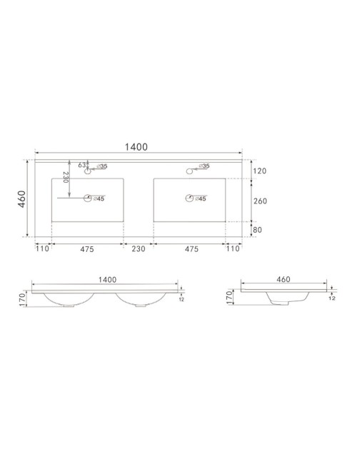 Lavabo da appoggio 385983 doppia vasca ceramica bianco lucido 140x46x17H