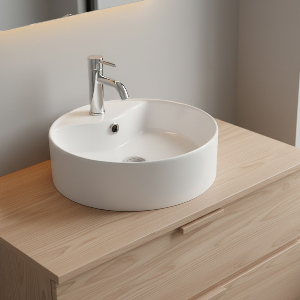 Lavabo da appoggio rotondo 1 vasca in ceramica bianco lucido 46x46 – Modello LAV618