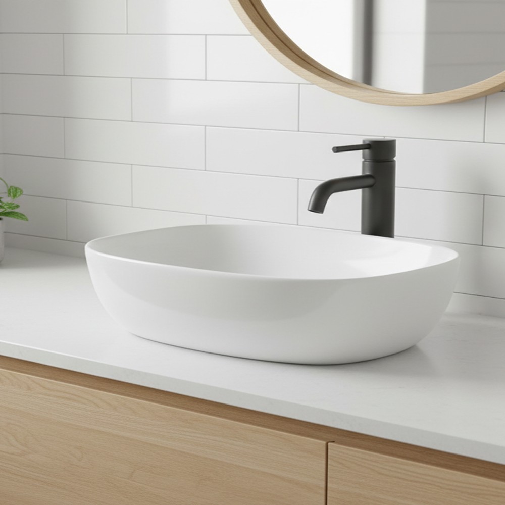 Lavabo da appoggio 1 vasca in ceramica per bagno 50x38 bianco lucido – Modello LAV39350