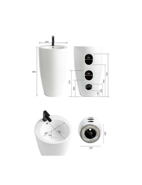 Lavabo freestanding rotondo in ceramica bianco lucido 50x50xH86 – Modello LAV203