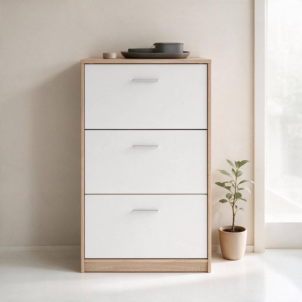Scarpiera 3 ante a ribalta bianco e struttura colore rovere Nepo 69,5x17.5x120H