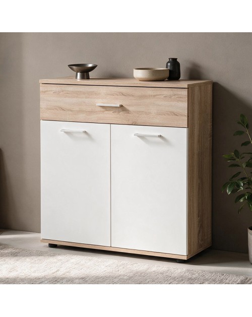 Mobile multiuso Irys con 2 ante e 1 cassetto colore bianco e rovere 80x35x84H