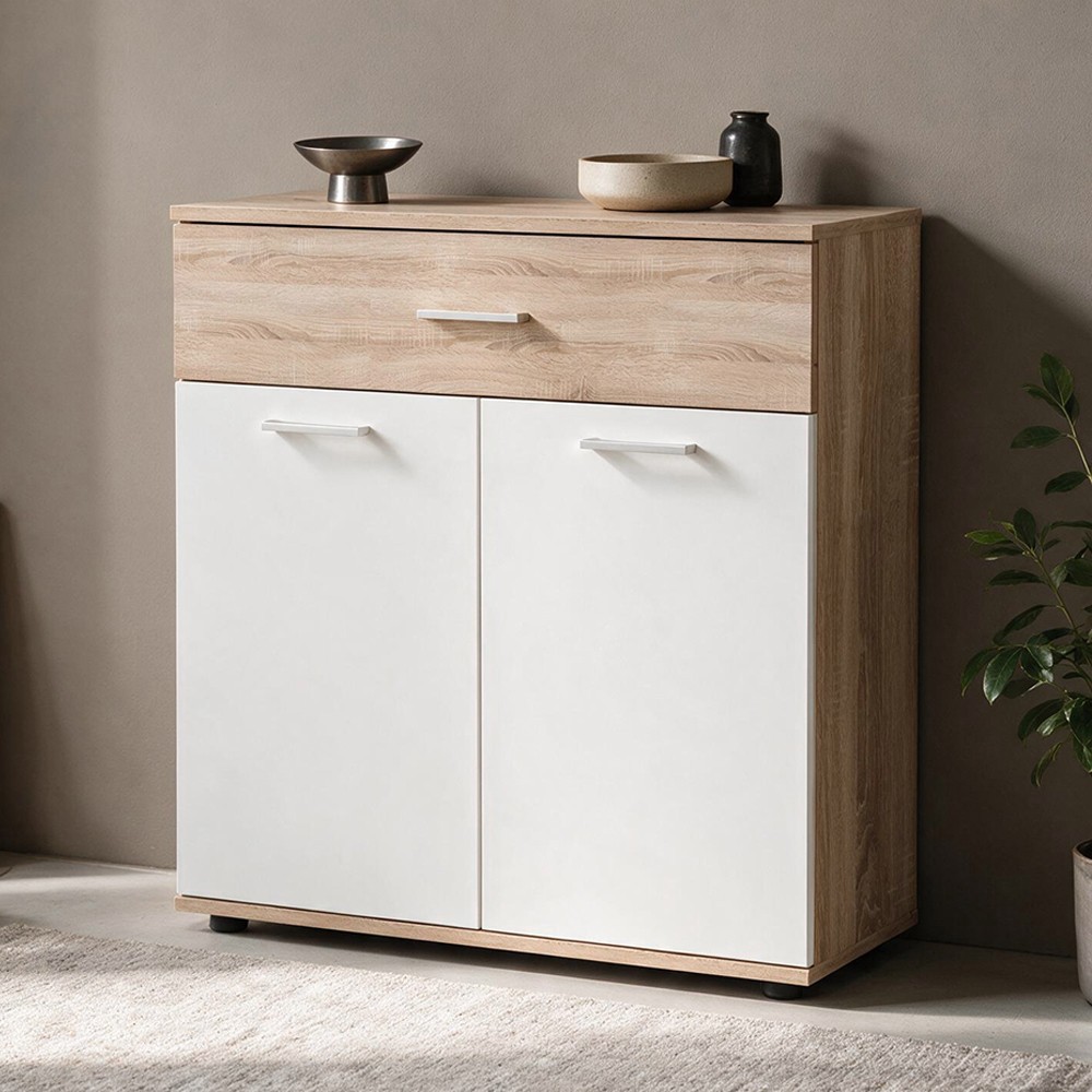 Mobile multiuso Irys con 2 ante e 1 cassetto colore bianco e rovere 80x35x84H