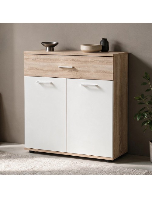 Mobile multiuso Irys con 2 ante e 1 cassetto colore bianco e rovere 80x35x84H