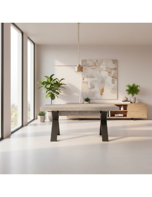 Tavolo Allungabile Milonga480 180 cm con Piano Cemento e Gambe Incrociate Antracite