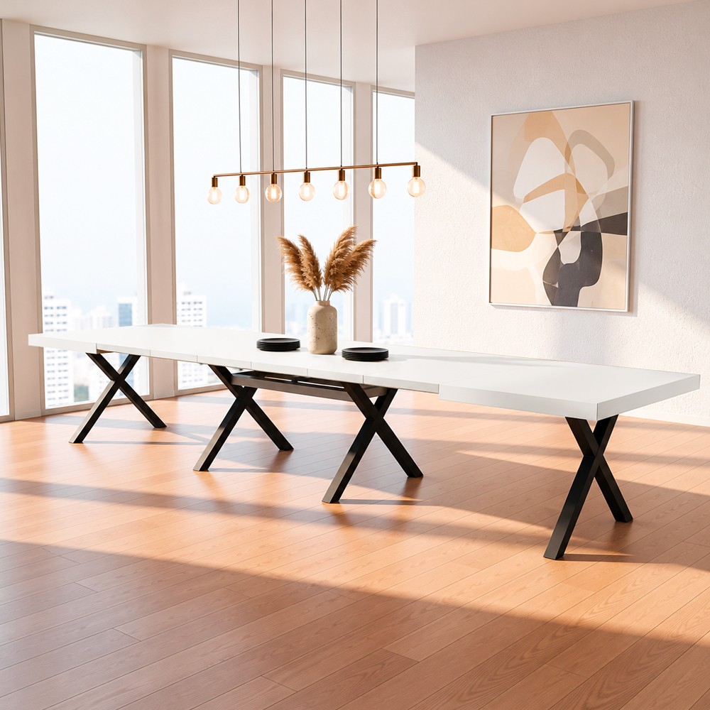 Tavolo Allungabile Milonga410 160 cm con Piano Bianco Spatolato e Gambe Incrociate Antracite