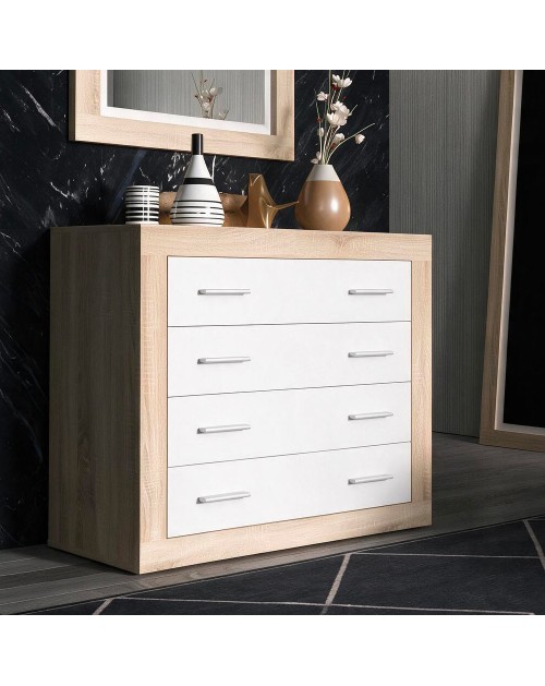 Cassettiera comò 4 cassetti rovere con frontali colore bianco Sara 98x40x82h