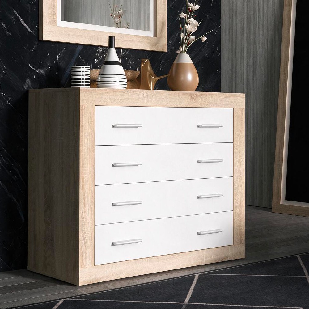 Cassettiera comò 4 cassetti rovere con frontali colore bianco Sara 98x40x82h