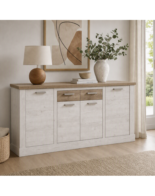 Madia Flux 4 ante e 2 cassetti 213 cm pino bianco con top rovere antico