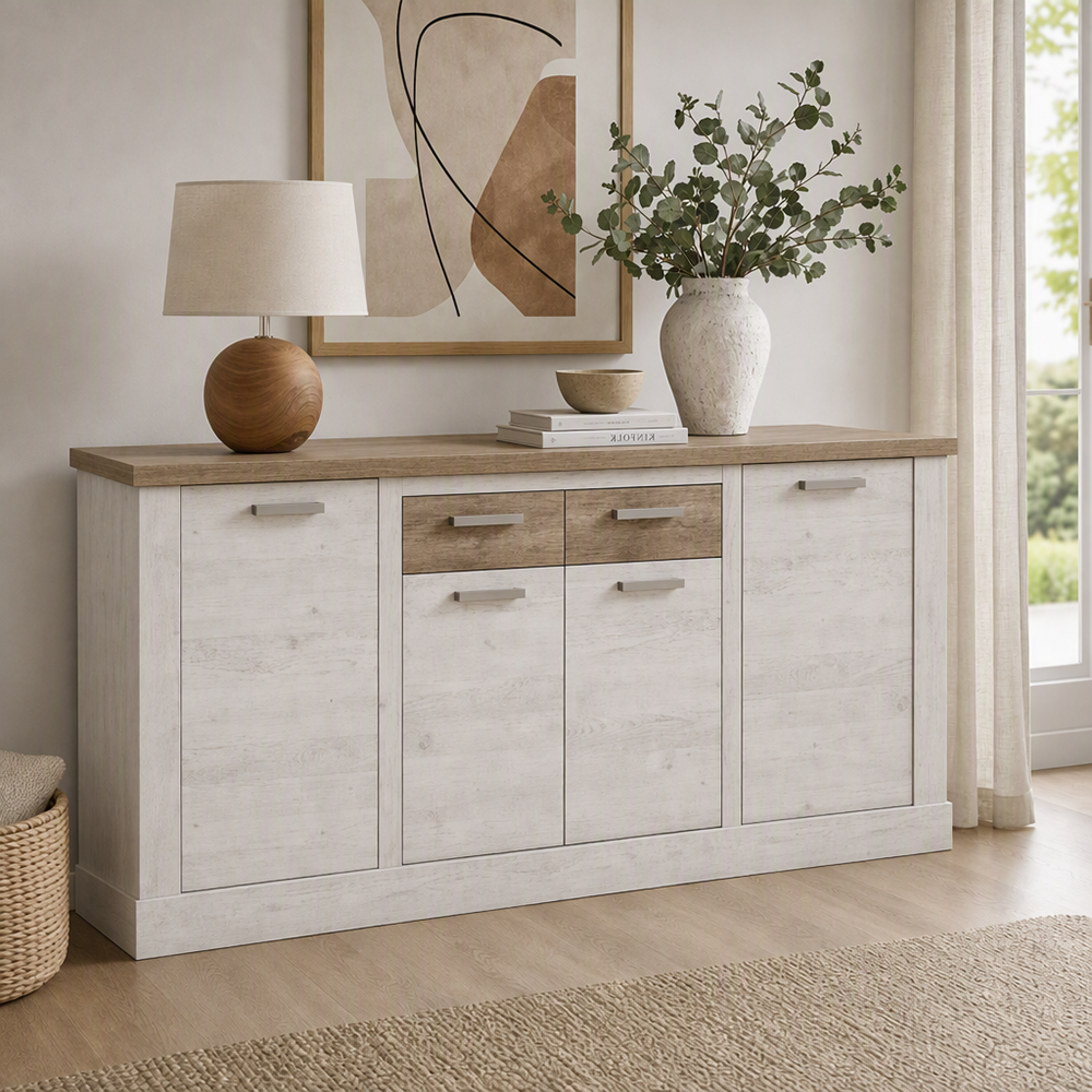 Madia Flux 4 ante e 2 cassetti 213 cm pino bianco con top rovere antico