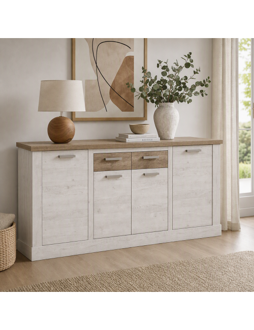 Madia Flux 4 ante e 2 cassetti 213 cm pino bianco con top rovere antico