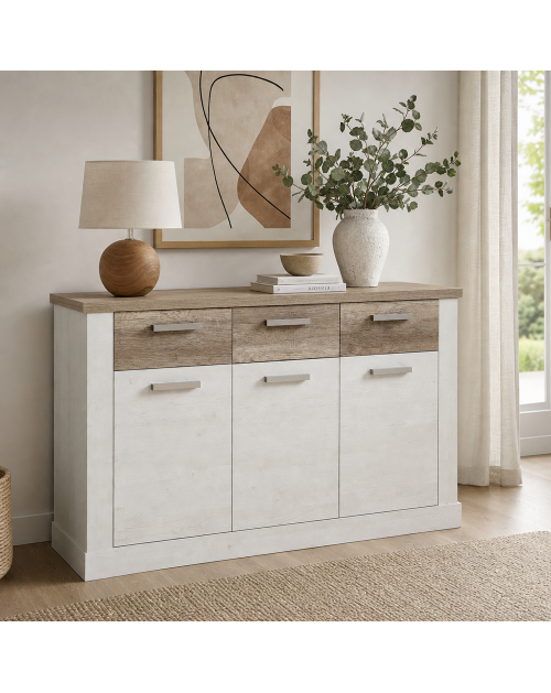 Madia Flux 3 ante e 3 cassetti 140 cm pino bianco con top rovere antico