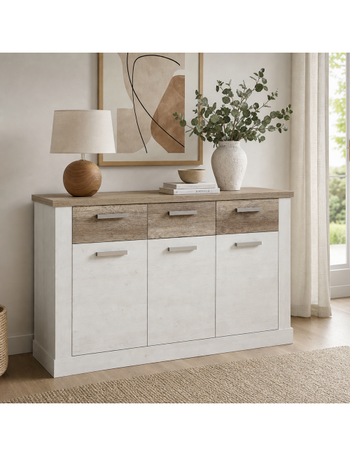 Madia Flux 3 ante e 3 cassetti 140 cm pino bianco con top rovere antico