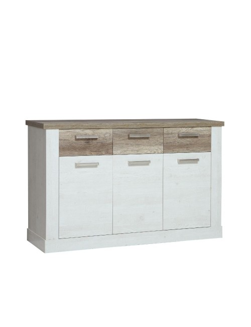 Madia Flux 3 ante e 3 cassetti 140 cm pino bianco con top rovere antico