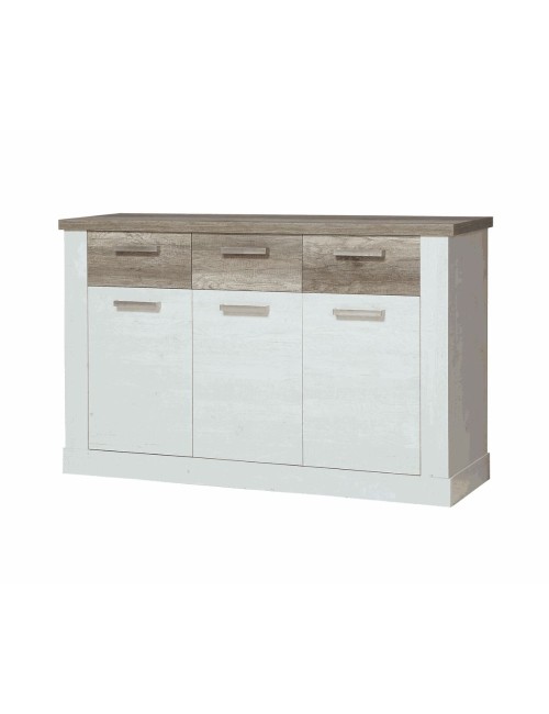 Madia Flux 3 ante e 3 cassetti 140 cm pino bianco con top rovere antico