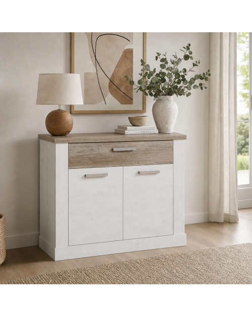Madia Flux 2 ante e 1 cassetto 101 cm pino bianco con top rovere antico