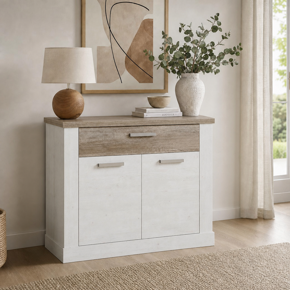 Madia Flux 2 ante e 1 cassetto 101 cm pino bianco con top rovere antico