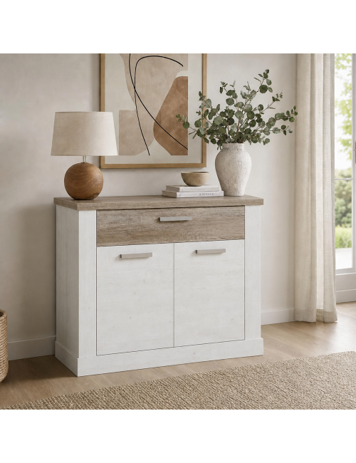 Madia Flux 2 ante e 1 cassetto 101 cm pino bianco con top rovere antico