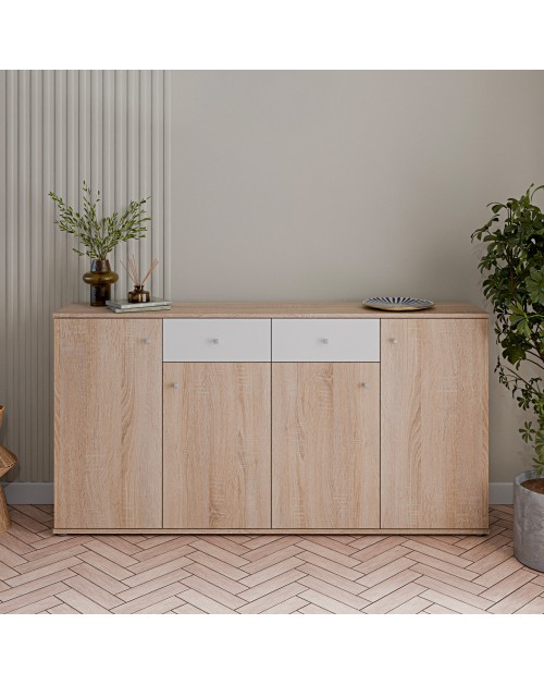 Madia Nilo con 4 ante e 2 cassetti in rovere e bianco 159 cm