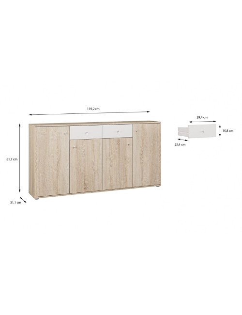 Madia Nilo con 4 ante e 2 cassetti in rovere e bianco 159 cm