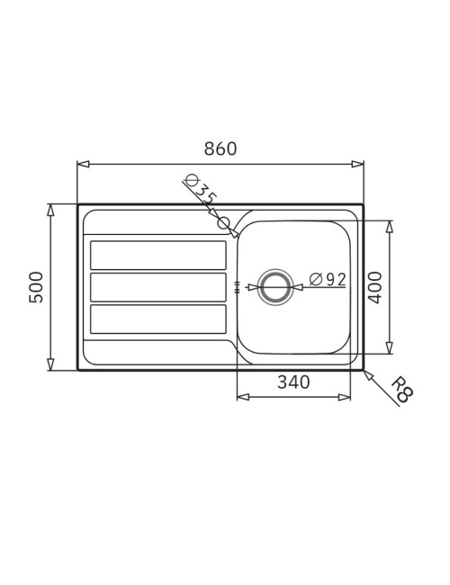Lavello da incasso Tirreno861 in acciaio inox con vasca e gocciolatoio sinistro 86x50x18H
