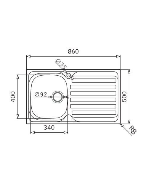 Lavello da incasso Adriatico861 monostampo 1 vasca e gocciolatoio destro inox