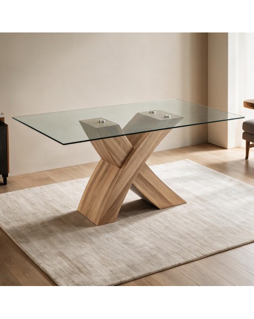 Tavolo fisso Duncan con piano in vetro e gambe incrociate effetto legno 150x90x76H