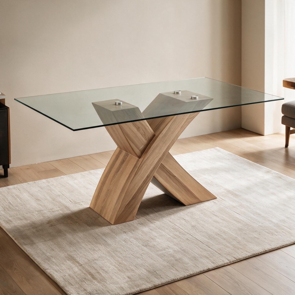Tavolo fisso Duncan con piano in vetro e gambe incrociate effetto legno 150x90x76H