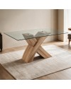 Tavolo fisso Duncan con piano in vetro e gambe incrociate effetto legno 150x90x76H