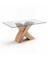 Tavolo fisso Duncan con piano in vetro e gambe incrociate effetto legno 150x90x76H