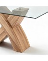 Tavolo fisso Duncan con piano in vetro e gambe incrociate effetto legno 150x90x76H