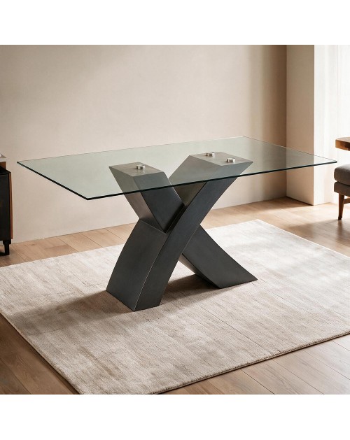 Tavolo fisso Duncan con piano in vetro e gambe incrociate effetto legno nero 150x90x76H