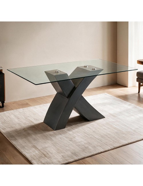 Tavolo fisso Duncan piano in vetro e gambe incrociate 150x90x76H