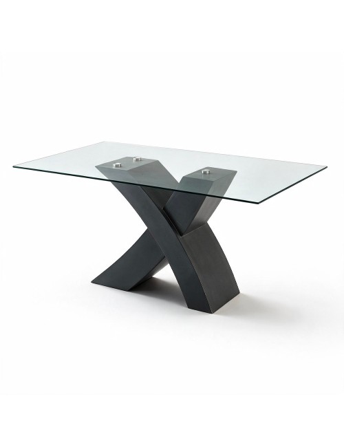 Tavolo fisso Duncan piano in vetro e gambe incrociate 150x90x76H