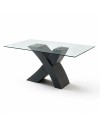 Tavolo fisso Duncan con piano in vetro e gambe incrociate effetto legno nero 150x90x76H