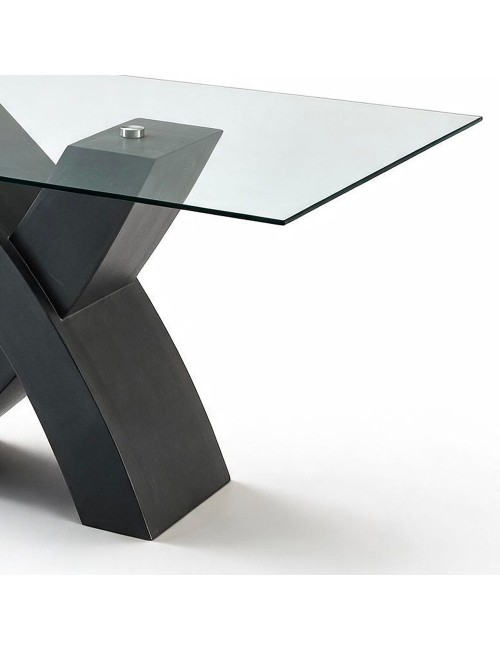 Tavolo fisso Duncan piano in vetro e gambe incrociate 150x90x76H