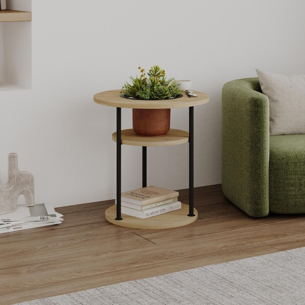 Tavolino da Salotto Grova 50x50 cm con Piano Forato Porta Piante in Rovere e Metallo Nero