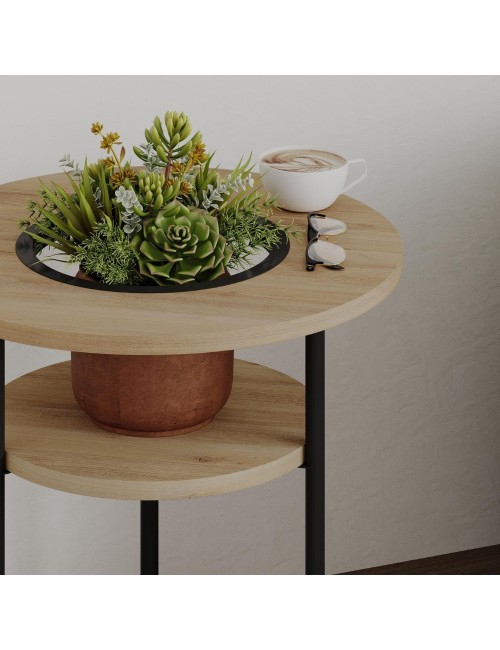 Tavolino da Salotto Grova 50x50 cm con Piano Forato Porta Piante in Rovere e Metallo Nero