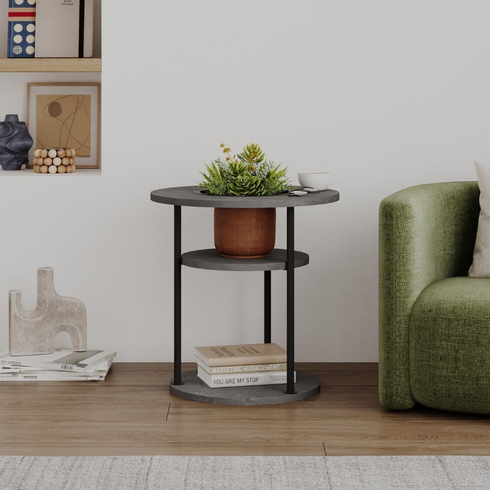 Tavolino da Salotto Grova 50x50 cm con Piano Forato Porta Piante Cemento e Metallo Nero