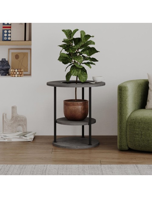 Tavolino da Salotto Grova 50x50 cm con Piano Forato Porta Piante Cemento e Metallo Nero