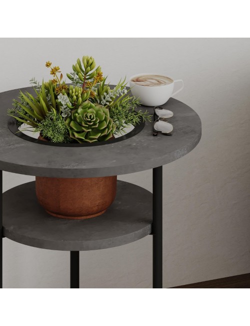 Tavolino da Salotto Grova 50x50 cm con Piano Forato Porta Piante Cemento e Metallo Nero