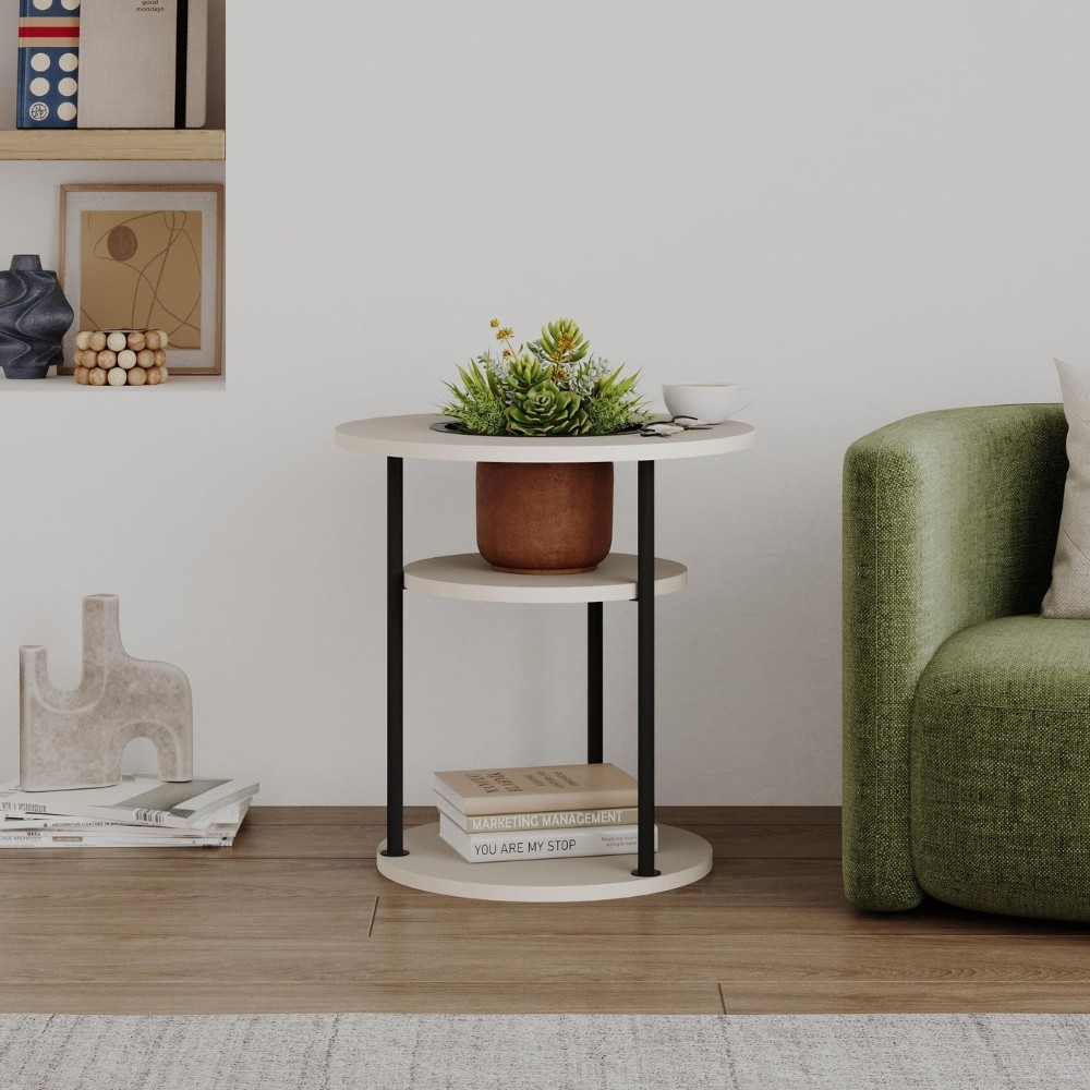 Tavolino da Salotto Grova 50x50 cm con Piano Forato Porta Piante in Cashmere e Metallo Nero