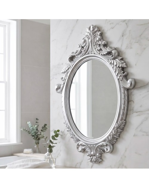 Specchio Decorativo Ovale MR8360 da Parete 60x81 cm con Cornice Barocca Silver