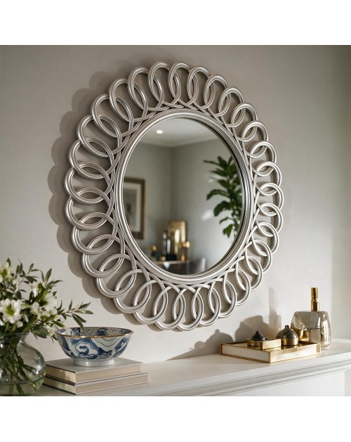 Specchio Decorativo Rotondo MR741 da Parete 60x60 cm con Cornice ad Anelli Concatenati Silver