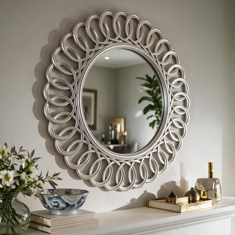 Specchio Decorativo Rotondo MR741 da Parete 60x60 cm con Cornice ad Anelli Concatenati Silver