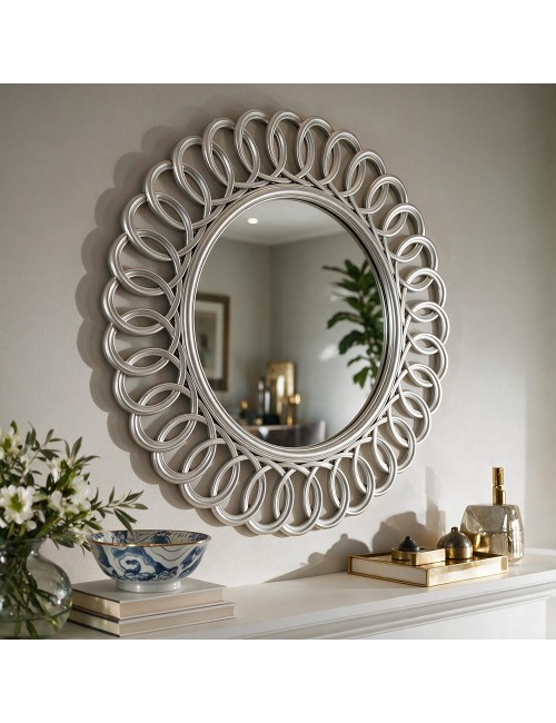 Specchio Decorativo Rotondo MR741 da Parete 60x60 cm con Cornice ad Anelli Concatenati Silver
